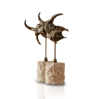 Marleth Neutrals Set Of Two Handmade Brass & Travertine Shell Sculptures – Marine-inspired Decor Pieces