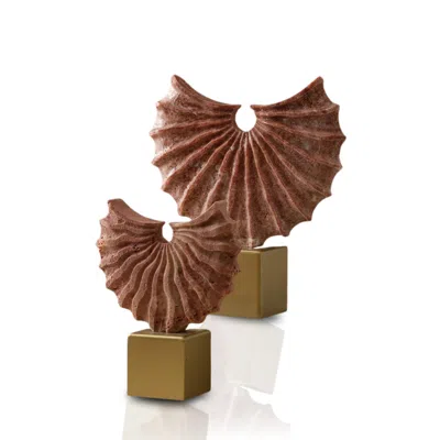 Marleth Neutrals Set Of Two Terracotta Fan Sculptures On Gold Base