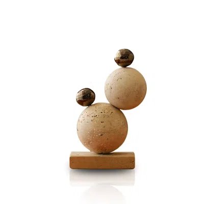 Marleth Neutrals Travertine Bubble Decor – Double Orb Sculpture With Brass Accents