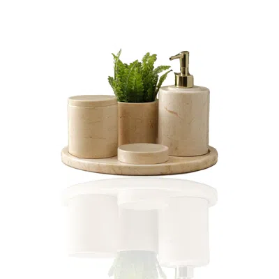 Marleth Neutrals / White Beige Marble Complete Bathroom Set – Round Tray, Four-pieces