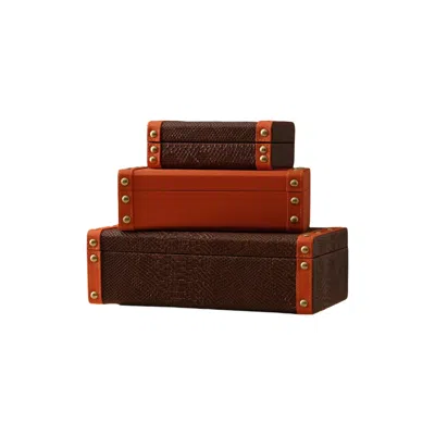 Marleth Orange / Brown Handmade Leather Storage Boxes, Set Of Three – Brown & Burnt Orange In Multi