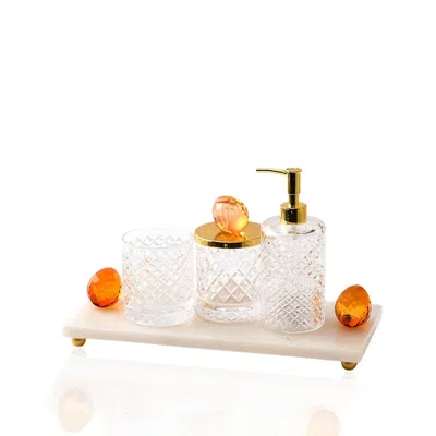 Marleth Orange / White Five-piece Cut Glass Bathroom Set With Marble Tray & Amber Crystal Accents In Multi