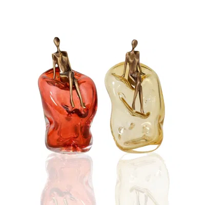 Marleth Red / Yellow Abstract Glass Sculpture With Bronze Figure In Red/yellow