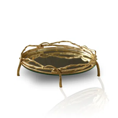 Marleth Round Brass Tray With Branch Frame & Mirrored Base – Gold Finish
