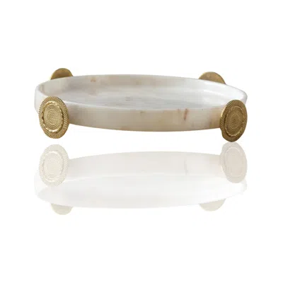 Marleth Round White Marble Tray With Embossed Gold Feet
