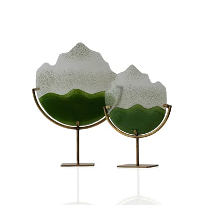 Marleth Set Of Two Wavy Glass Disc Sculptures With Green Gradient & Brass Stand