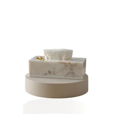 Marleth White / Gold White Marble Tissue Box Cover With Brass Leaf Accent For Elegant Bathroom In Multi