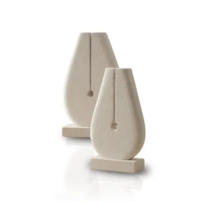 Marleth White Minimalist Sandstone Sculptural Vase Set, Beige Stone Two Pieces