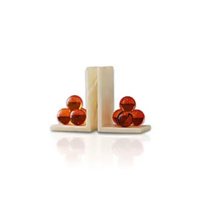 Marleth White / Red Marble Bookends With Amber Crystal Spheres,set Of Two In Multi