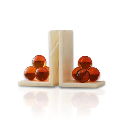 Marleth White / Red Set Of Two Marble Bookends With Amber Crystal Spheres In Multi