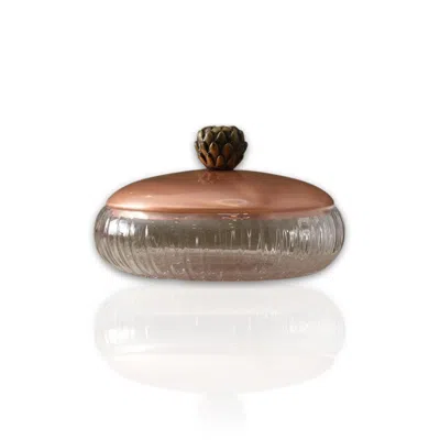 Marleth White / Rose Gold Ribbed Glass Serving Bowl With Rose Brass Lid In Multi