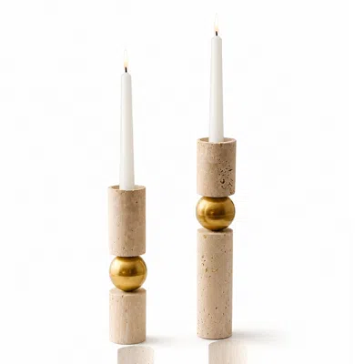 Marleth White Travertine & Brass Candle Holder Set – Sculptural Stone Candlesticks