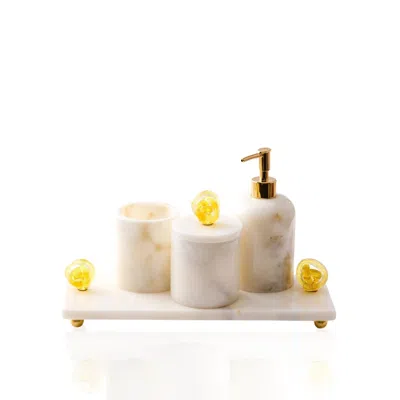 Marleth White / Yellow Four-piece Marble Bathroom Set & Amber Swirl Crystal In Multi