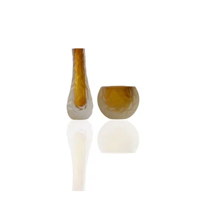Marleth White / Yellow / Orange Set Of Two Murano Colored Glass Vases With Satin Leaf Detail – Golden Amber In Multi