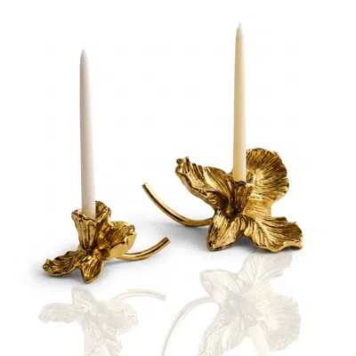 Marleth Yellow Handcrafted Brass Magnolia Candle Holder Set