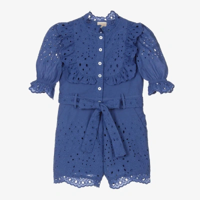 Marlo Kids' Girls Blue Embroidered Cotton Playsuit