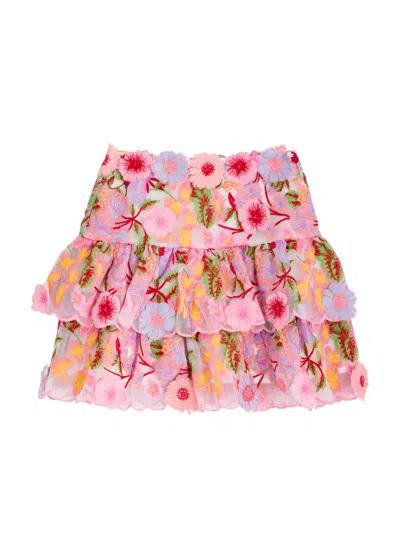 Marlo Kids Glam Floral-embroidered Organza Skirt In Pink