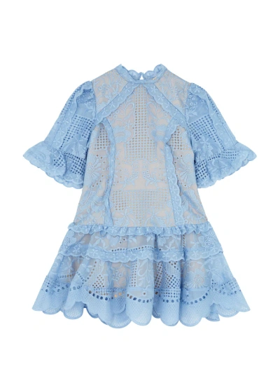 Marlo Kids Penelope Broderie-anglaise Chiffon Dress In Blue