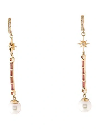 Pre-owned Marlo Laz 14k Pearl, Diamond & Multi-stone Wand Earrings