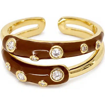 Marlyn Schiff Enamel Adjustable Open Band Ring In Gold Chocolate