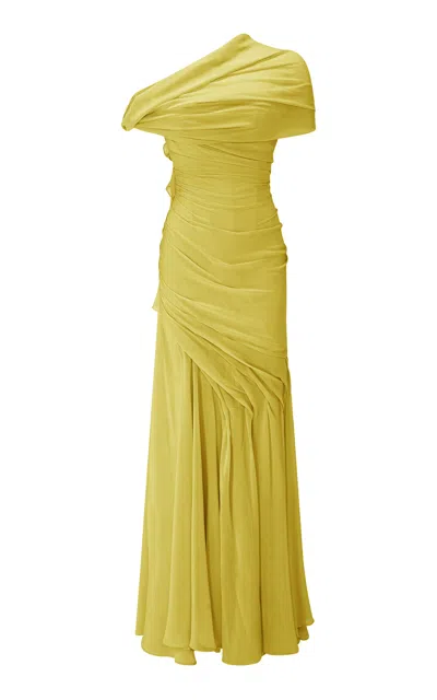 Marmar Halim Asymmetrical Draped Silk Chiffon Gown In Yellow