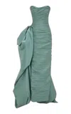 Marmar Halim Bow-embellished Ruched Gown In Blue
