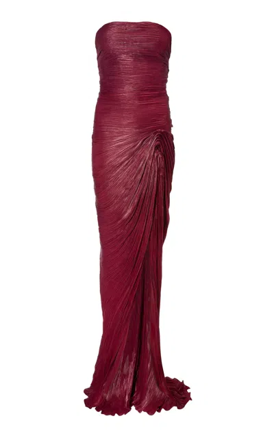 Marmar Halim Cape-detailed Pleated Silk Satin Gown In Burgundy