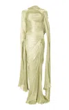 Marmar Halim Cape-detailed Pleated Silk Satin Gown In Green