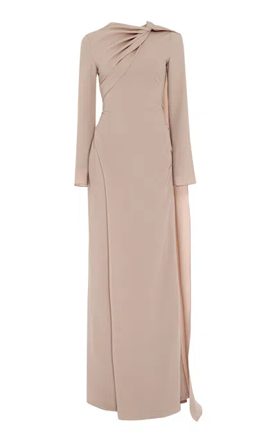 Marmar Halim Cape-detailed Silk Crepe Gown In Tan