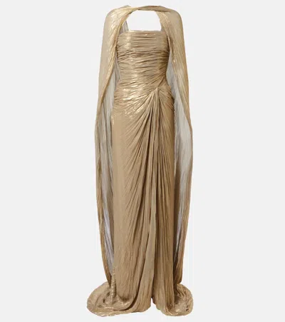 Marmar Halim Caped Pleated Bustier Gown In Gold