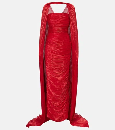 Marmar Halim Caped Pleated Bustier Gown In Red