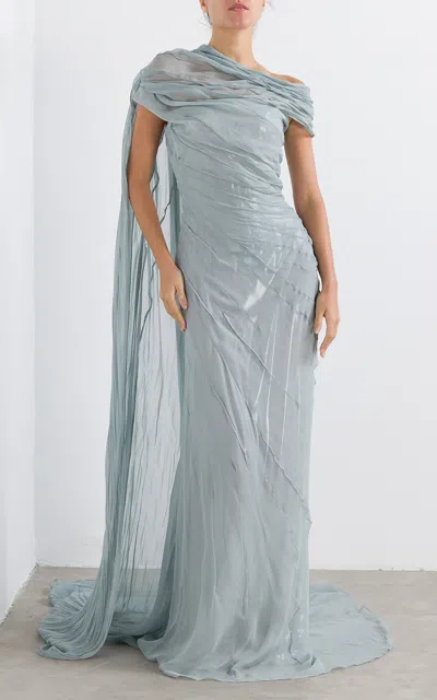 Marmar Halim Chiffon Off-shoulder Cape Gown In Grey
