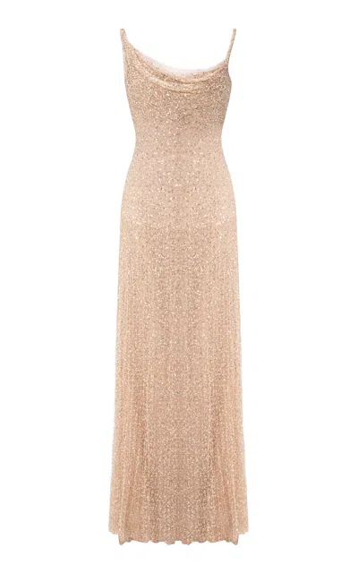 Marmar Halim Cowl-neck Embroidered Maxi Dress In Gold