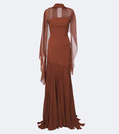 Marmar Halim Draped Georgette Bustier Gown In Brown
