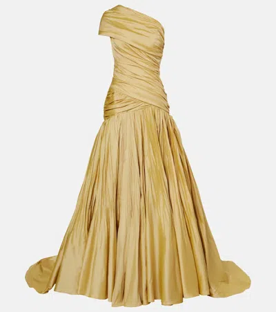 Marmar Halim Draped One-shoulder Taffeta Gown In Gold