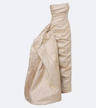 Marmar Halim Draped Pleated Brocade Bustier Gown In Gold