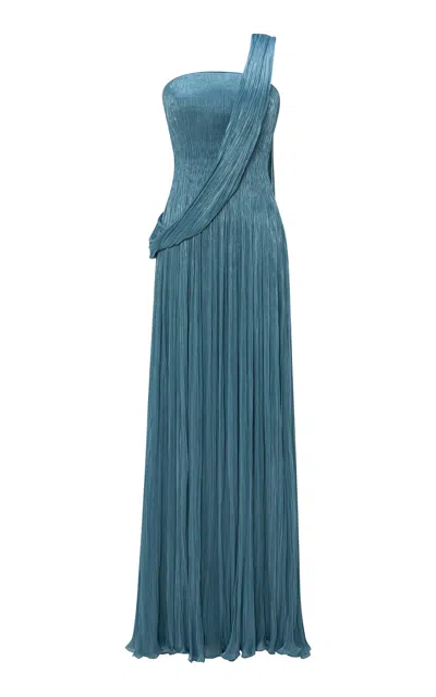 Marmar Halim Draped Pleated Gown In Blue