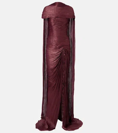 Marmar Halim Draped Pleated Scarf-detail Gown In Burgundy