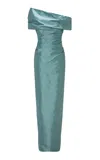 Marmar Halim Draped Silk Column Gown In Blue