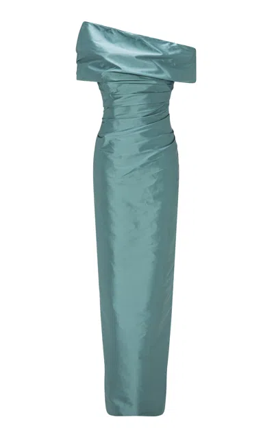 Marmar Halim Draped Silk Column Gown In Blue