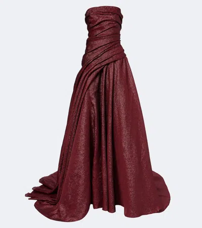 Marmar Halim Draped Strapless Bustier Gown In Burgundy