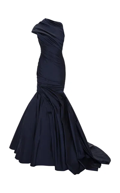 Marmar Halim Draped Taffeta Gown In Navy