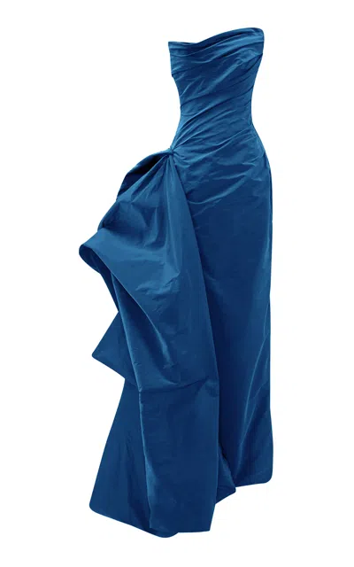 Marmar Halim Draped Taffeta Maxi Dress With Detachable Overskirt In Blue