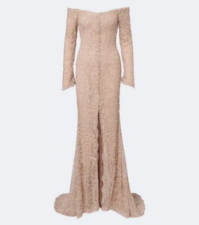 Marmar Halim Embellished Off-shoulder Lace Gown In Light Beige