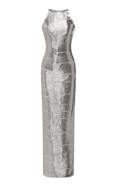 Marmar Halim Embroidered High-neck Maxi Dress In Silver