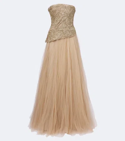 Marmar Halim Embroidered Pleated Tulle Gown In Gold