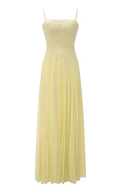 Marmar Halim Embroidered Silk Chiffon A-line Maxi Dress In Yellow