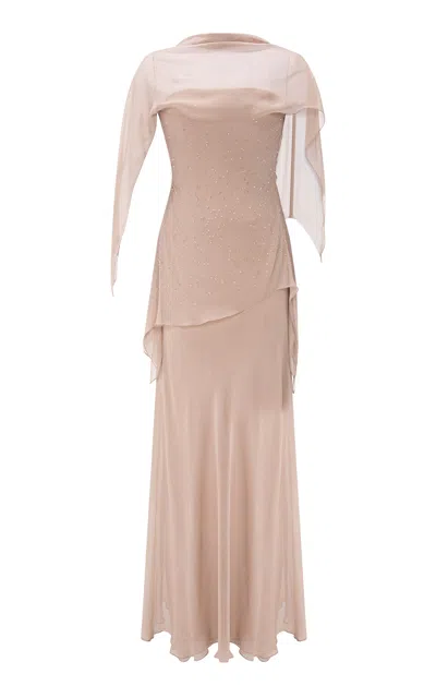 Marmar Halim Embroidered Silk Chiffon Off-the-shoulder Maxi Dress In Nude