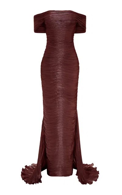 Marmar Halim Hand-pleated Silk Gown In Brown