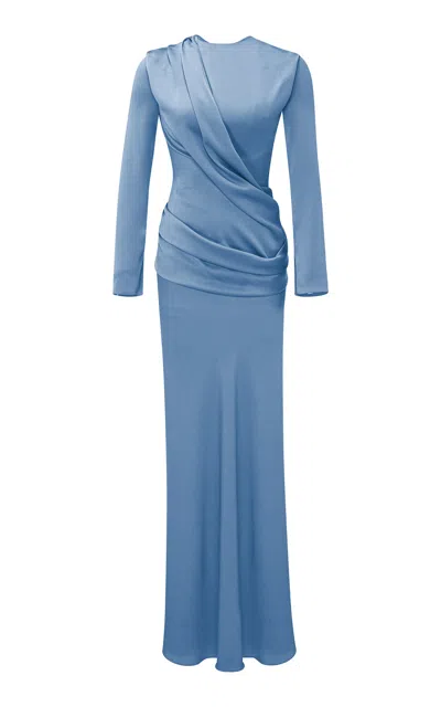 Marmar Halim High-neck Draped Satin Gown In Blue